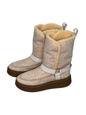 Odissi Suki Wool and Faux Fur Harness Winter Booties in Beige